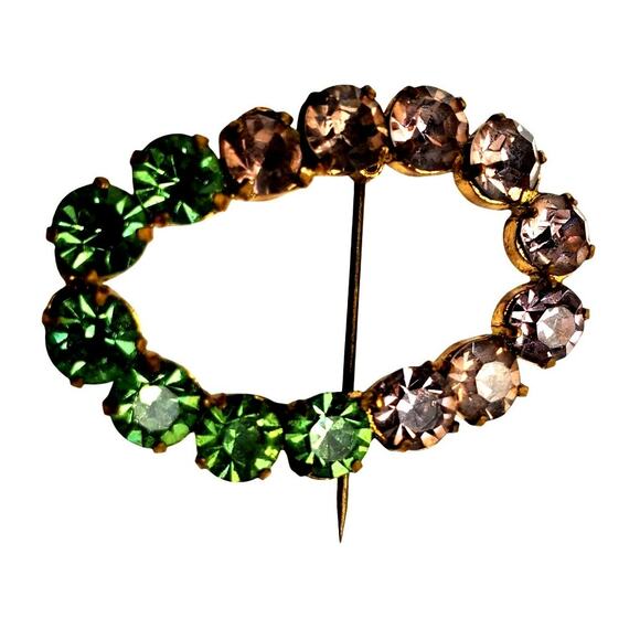 American Vintage Jewelry - Peridot & Amethyst Rhinestone Brooch Gold Tone Glass Antique Pin Circle Wreath